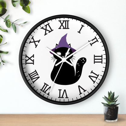 Spooky Black Cat Analog Wall Clock, Wood Frame,  Battery Operated, 10 inch, Black Cat with Purple Hat, Thanksgiving or any fall theme decor