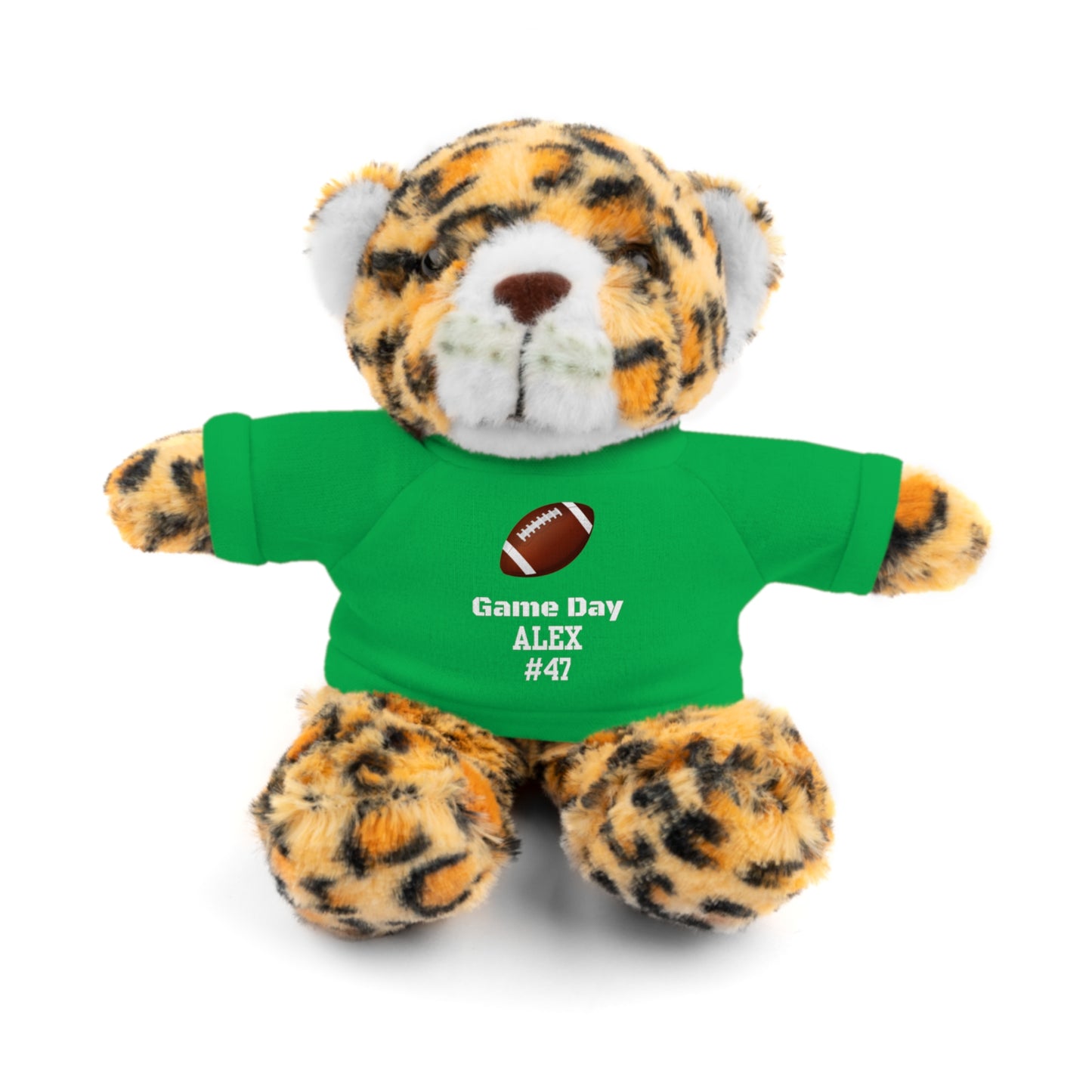 Game Day Football Custom Name + Number Stuffed Animals Personalized Lion, Bear, Lamb, Bunny with Tee Custom Colors: Orange, Red, Blue, Green