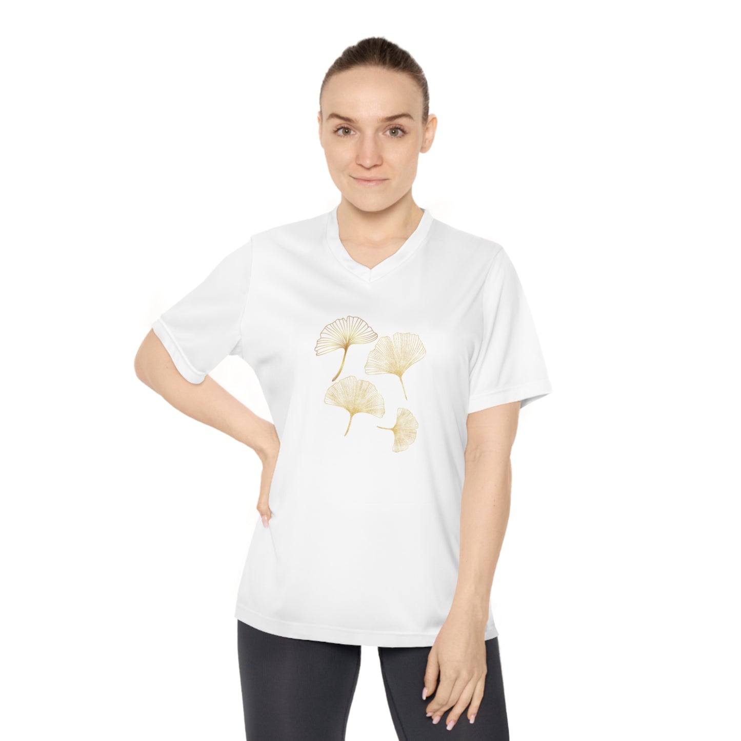 Ginkgo Leaves Women's Performance V-Neck T-Shirt with yellow ginkgo leaves Korean Style