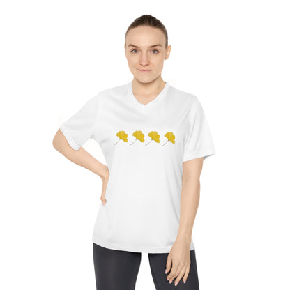 Ginkgo Leaves Women's Performance V-Neck T-Shirt with yellow ginkgo leaves