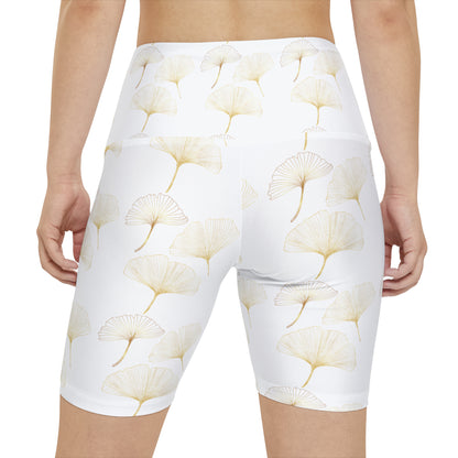 Gold Ginkgo Leaves on White Women's Workout Shorts