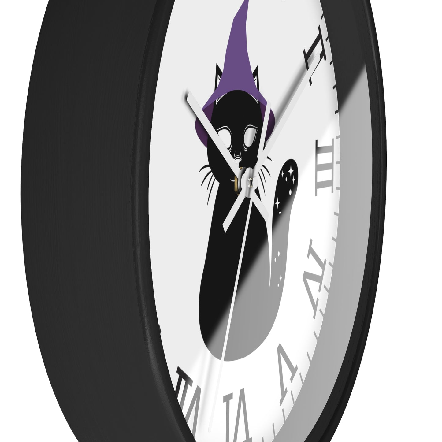 Spooky Black Cat Analog Wall Clock, Wood Frame,  Battery Operated, 10 inch, Black Cat with Purple Hat, Thanksgiving or any fall theme decor