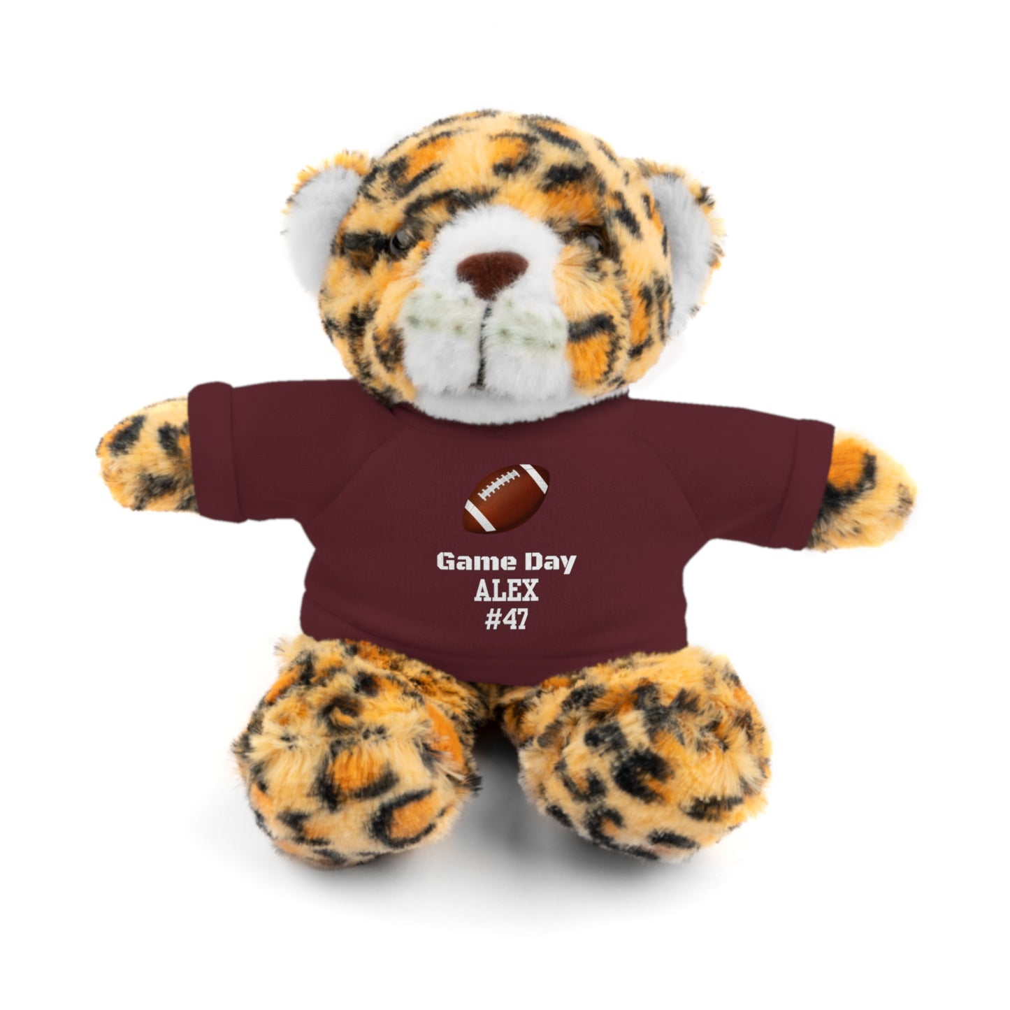 Game Day Football Custom Name + Number Stuffed Animals Personalized Lion, Bear, Lamb, Bunny with Tee Custom Colors: Orange, Red, Blue, Green