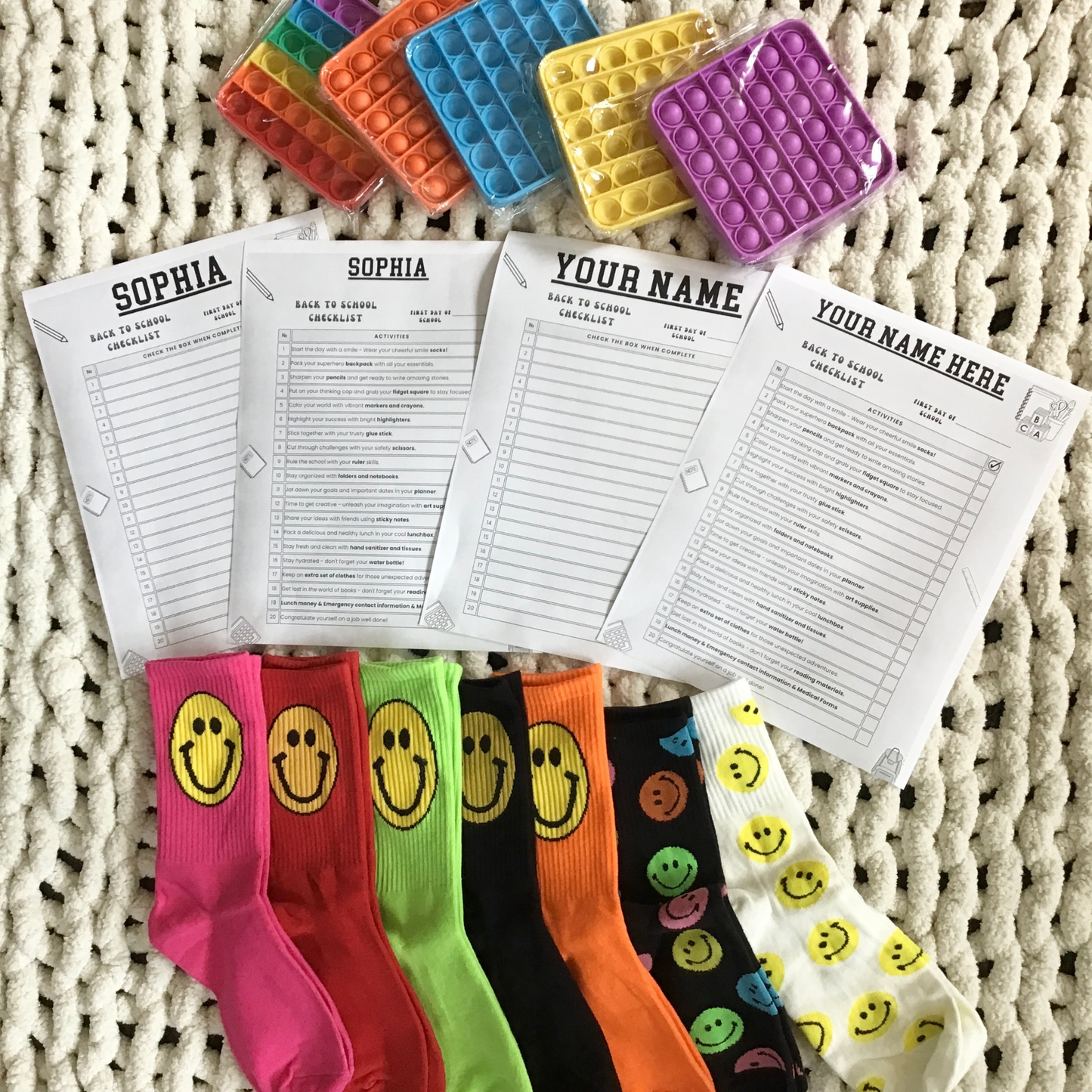 Back to School Student Checklist, Fidget Toy & Happy Socks Bundle