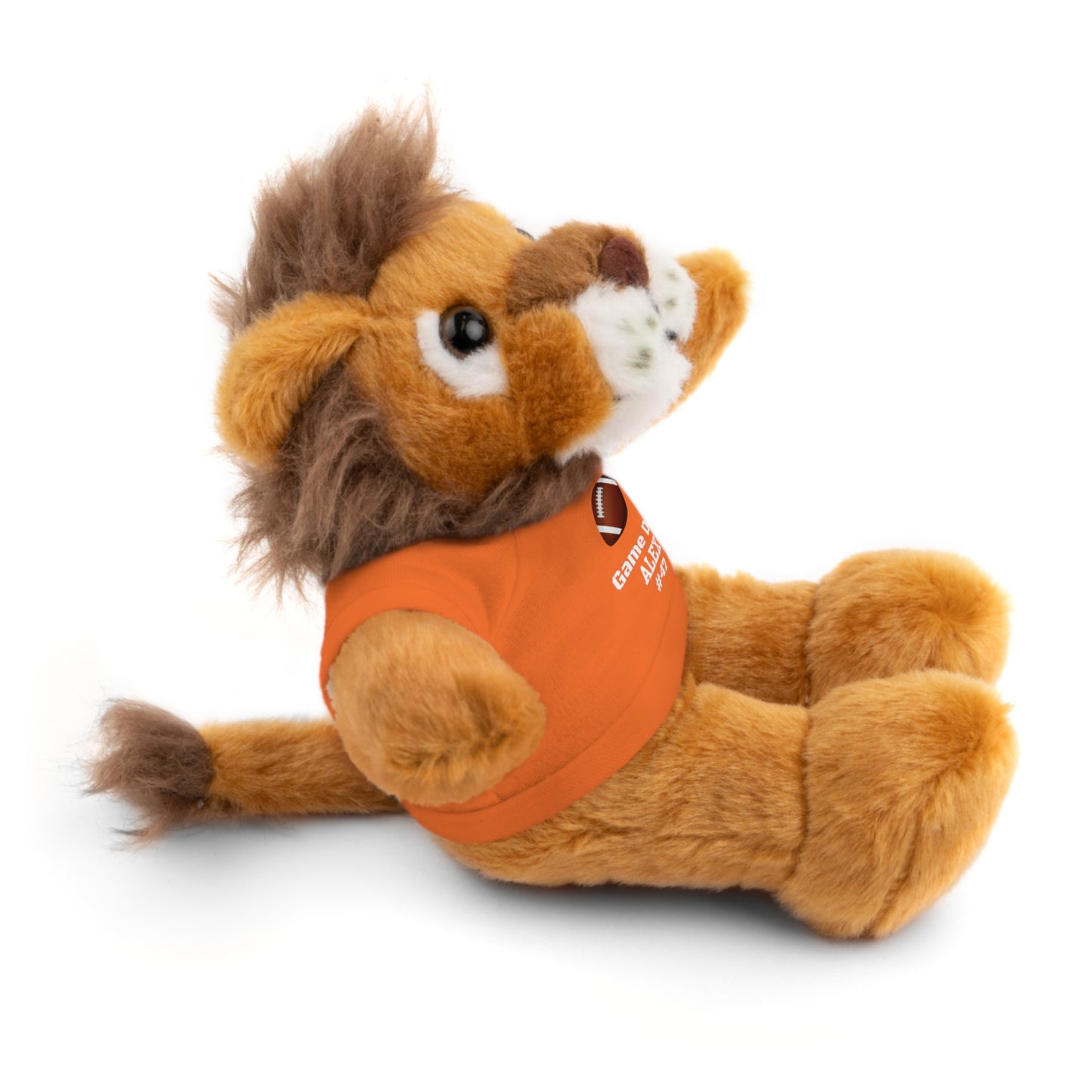 Game Day Football Custom Name + Number Stuffed Animals Personalized Lion, Bear, Lamb, Bunny with Tee Custom Colors: Orange, Red, Blue, Green