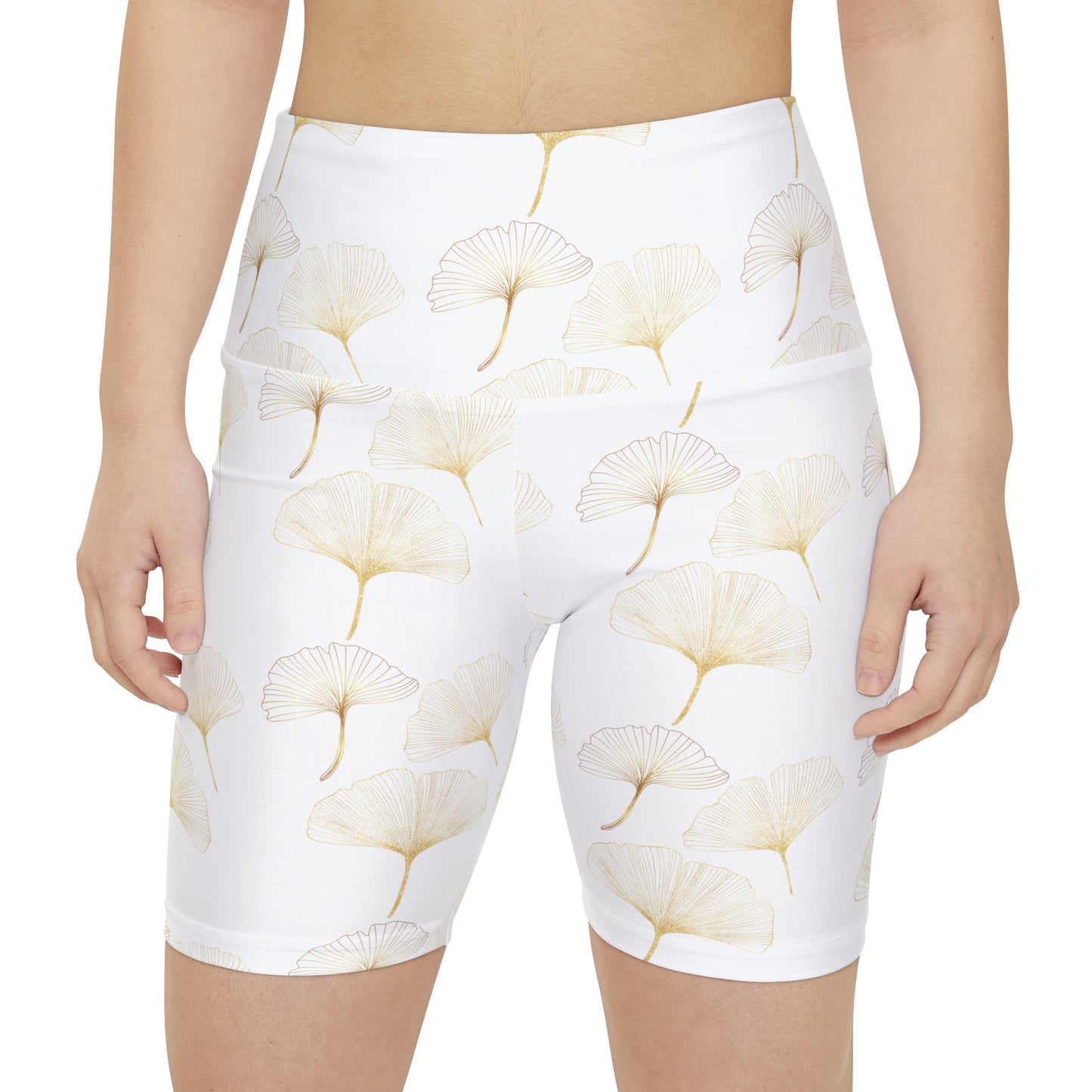 Gold Ginkgo Leaves on White Women's Workout Shorts
