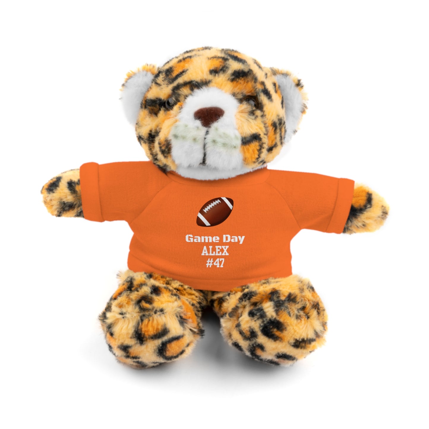 Game Day Football Custom Name + Number Stuffed Animals Personalized Lion, Bear, Lamb, Bunny with Tee Custom Colors: Orange, Red, Blue, Green