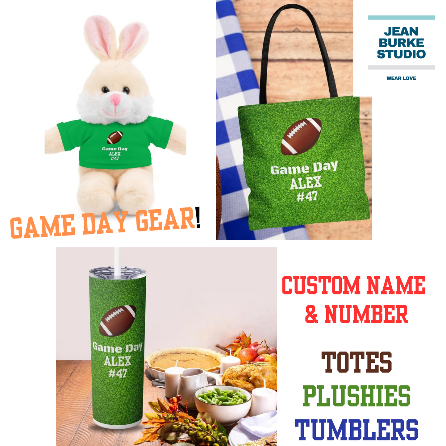 Game Day Football Custom Name + Number Stuffed Animals Personalized Lion, Bear, Lamb, Bunny with Tee Custom Colors: Orange, Red, Blue, Green