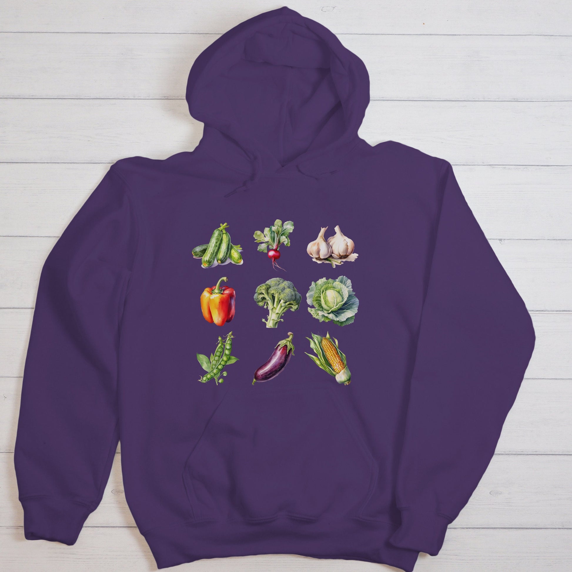 Vegetable Hoodie Sweatshirt, Vegan Shirt, Veggie Lover, Vegetable Shirt, zucchini radish garlic pepper broccoli cabbage corn eggplant peas