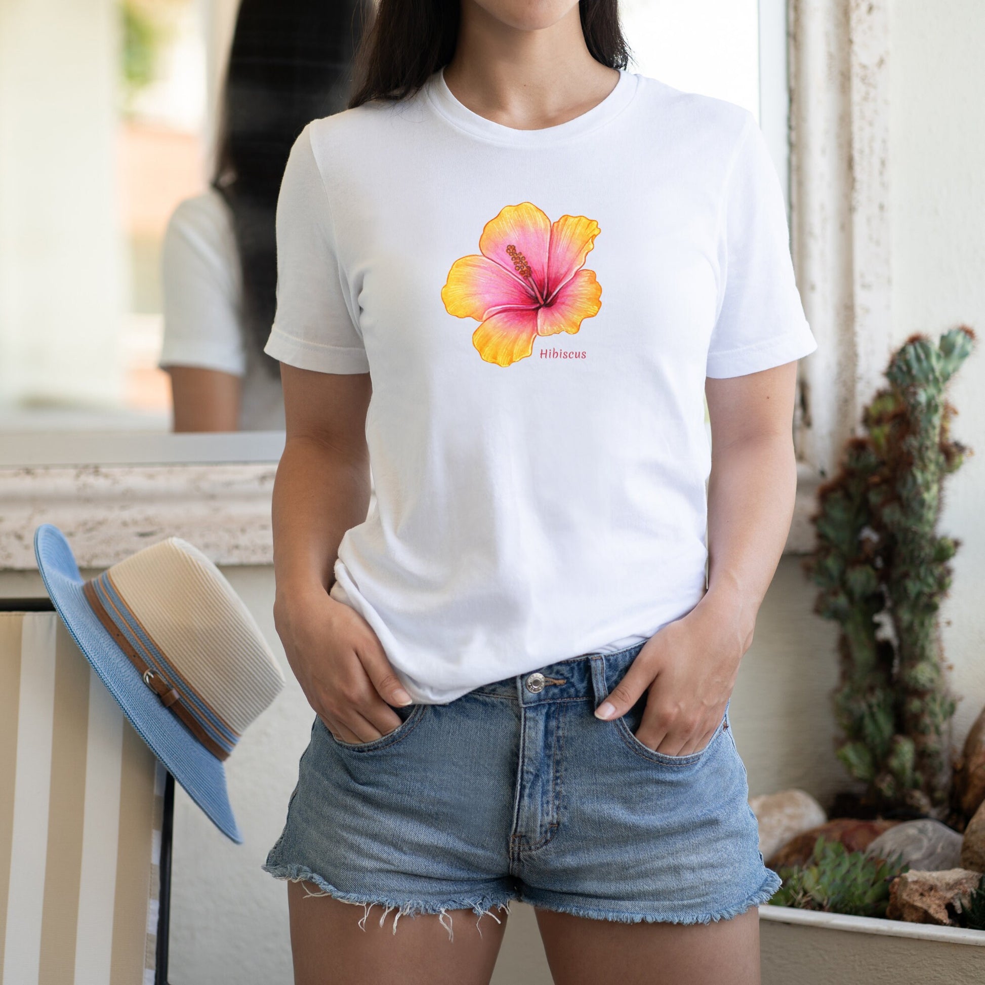 Aloha Hibiscus on Pink T-Shirt, Plant lover Gift, Plant Lady Shirt, Garden Mom Shirt