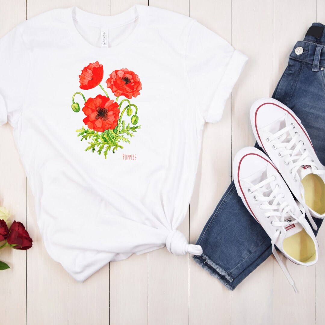 Red Poppy Flower Watercolor Print T-Shirt Plant Lover Gift Plant Lady Shirt Garden Mom Shirt Watercolor Poppy print