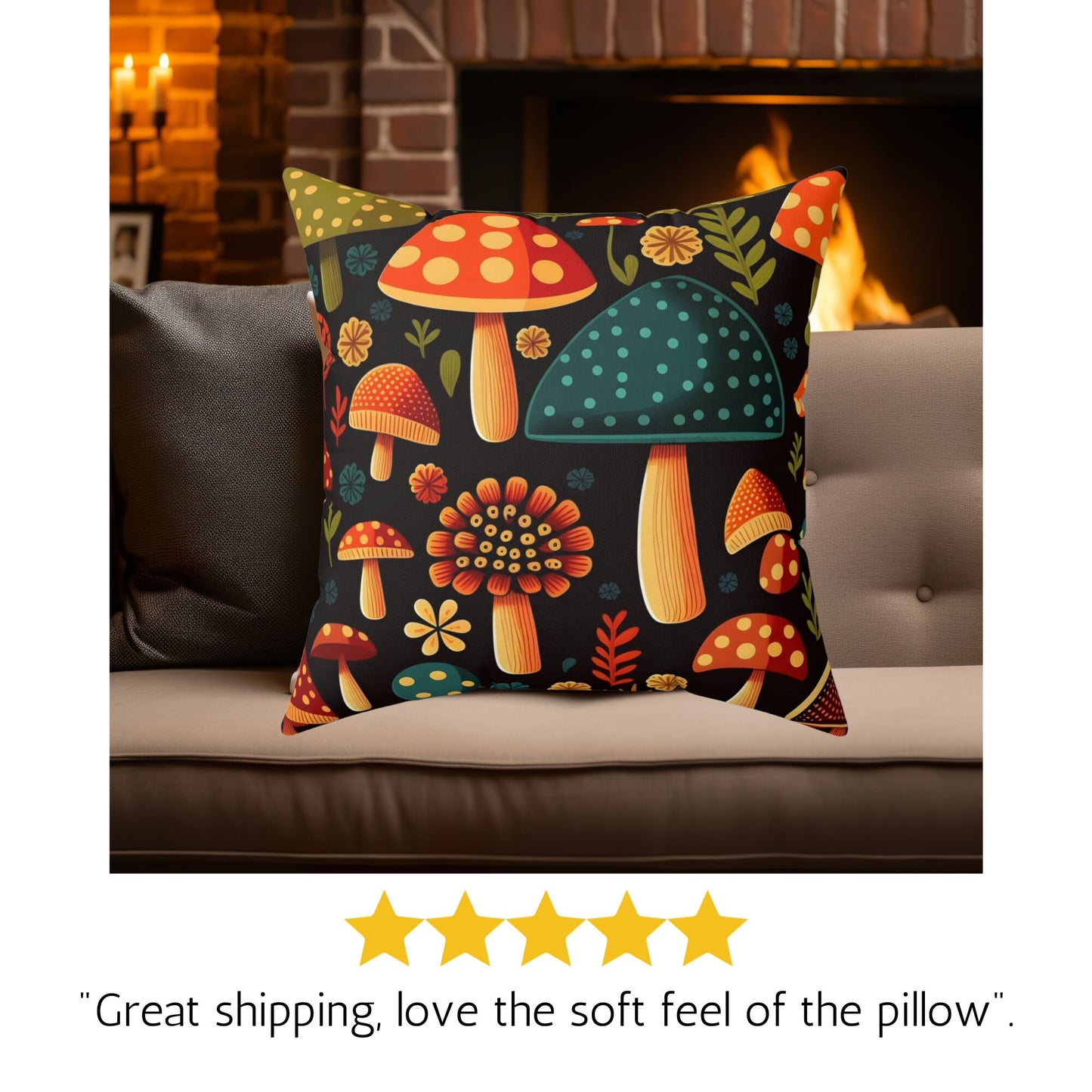 Mushroom Graphic Square Pillow, Enchanting Forest Dreams Throw Pillow, Mushroom Lover decor, mushroom gift, Cottagecore Square Pillow