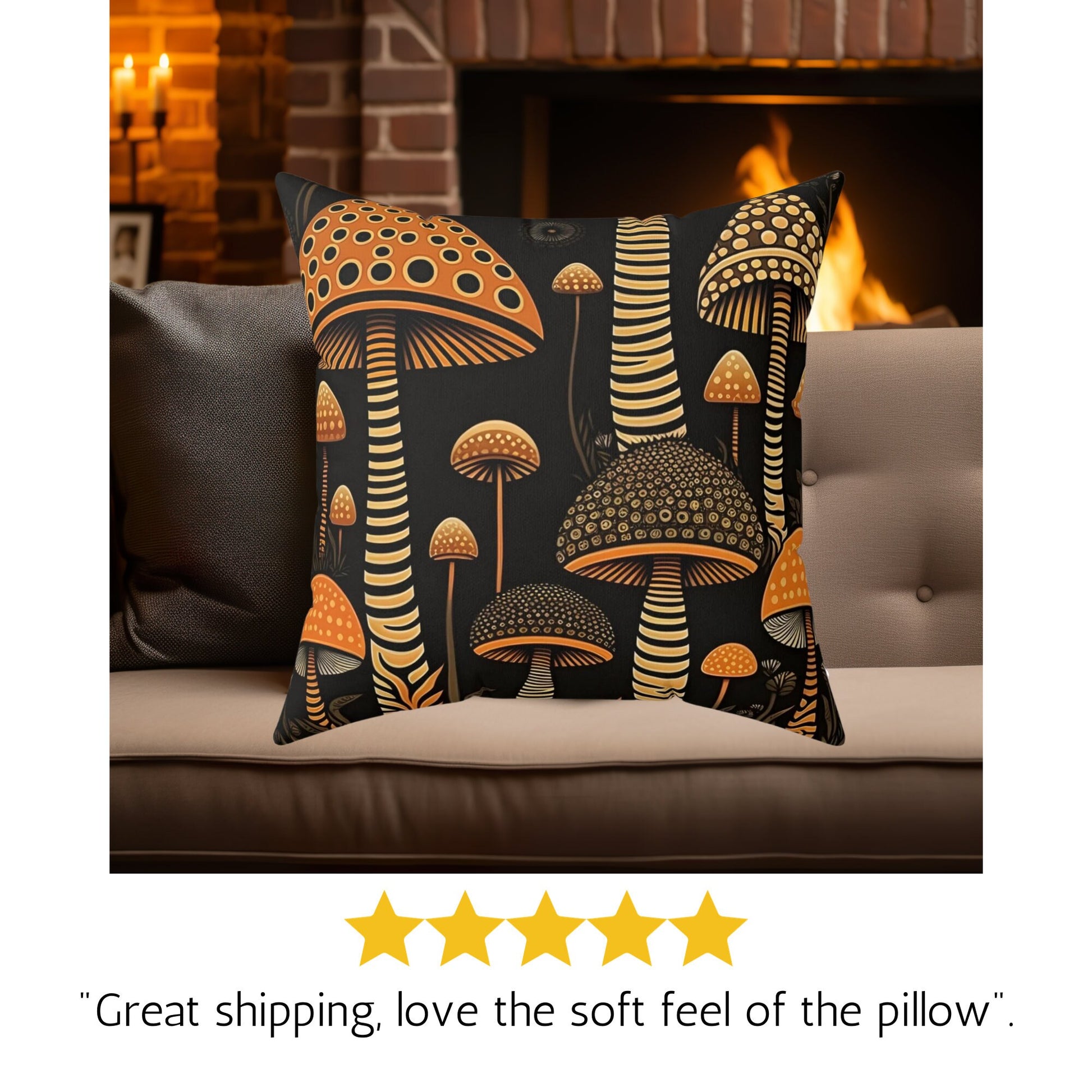 Brown Mushroom Graphic Square Pillow, Enchanting Forest Dreams Throw Pillow, Mushroom Lover decor, mushroom gift, Cottagecore Square Pillow