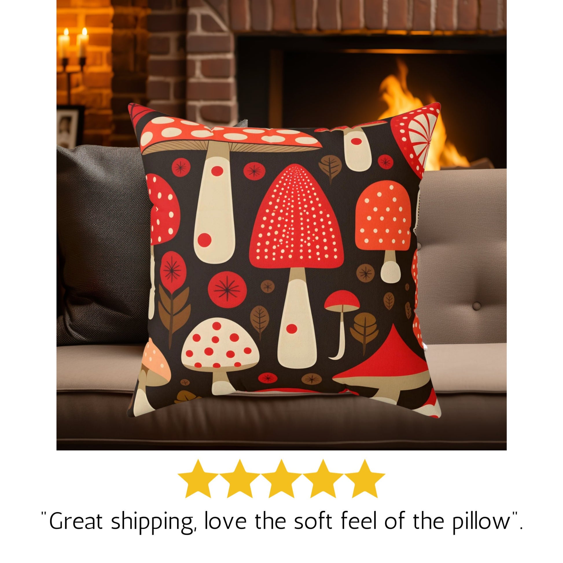 Red Mushroom Graphic Square Pillow, Enchanting Forest Dreams Throw Pillow, Mushroom Lover decor, mushroom gift, Cottagecore Square Pillow