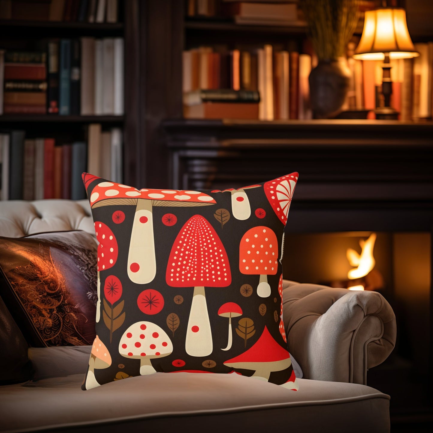 Red Mushroom Graphic Square Pillow, Enchanting Forest Dreams Throw Pillow, Mushroom Lover decor, mushroom gift, Cottagecore Square Pillow