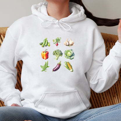 Vegetable Hoodie Sweatshirt, Vegan Shirt, Veggie Lover, Vegetable Shirt, zucchini radish garlic pepper broccoli cabbage corn eggplant peas