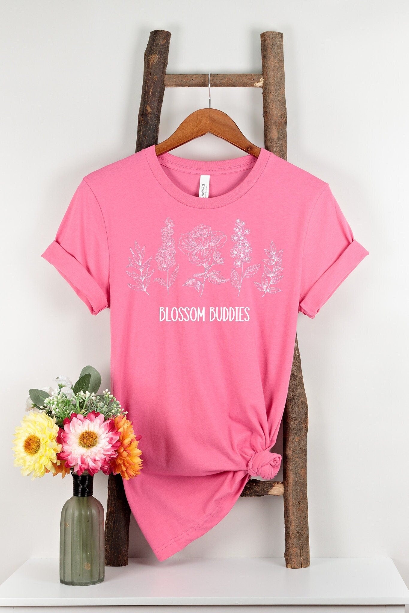 Blossom Buddies Botanical Gardening Green T-Shirt, botanical shirt, cottagecore clothes, garden pink shirt