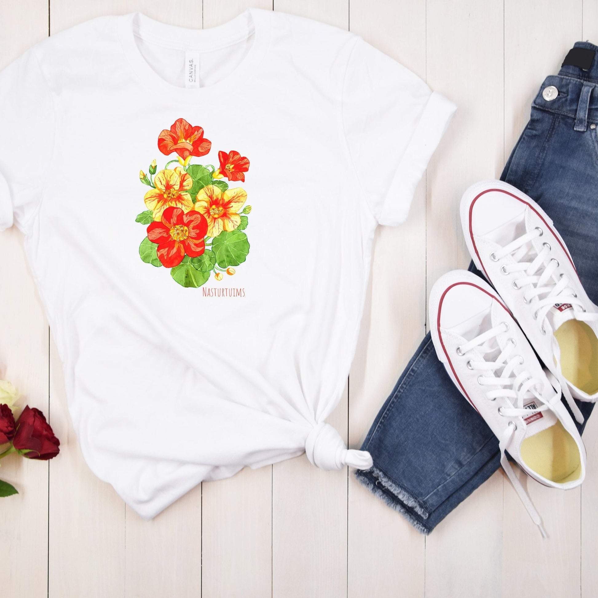 Nasturtium on Pink T-Shirt, Plant lover Gift, Plant Lady Shirt, Garden Mom Shirt