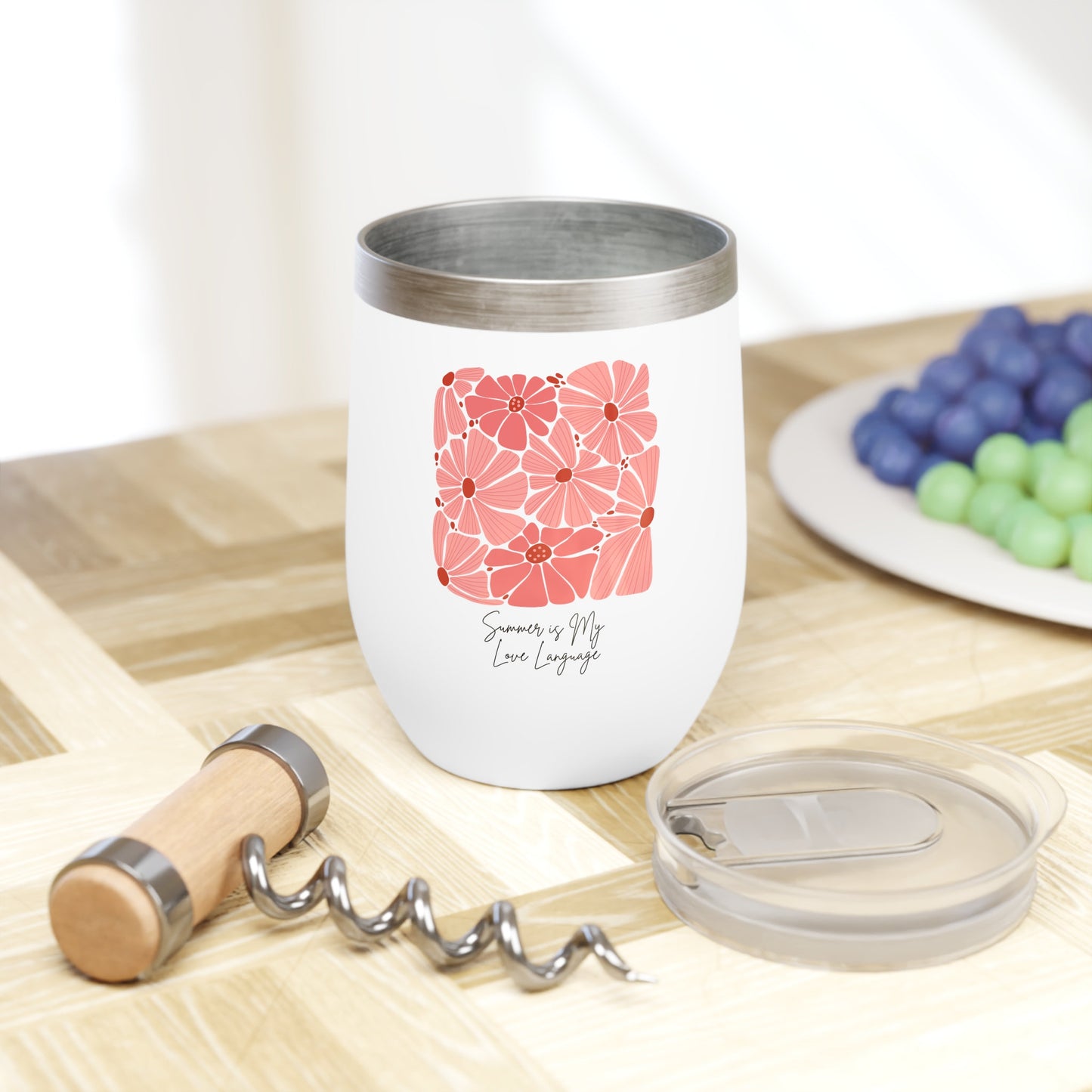 Summer is My Love Language Floral Pink Insulated Wine Tumbler with Colorful Flower Design Stylish Hot/Cold Cup For Coffee Beverage on the Go