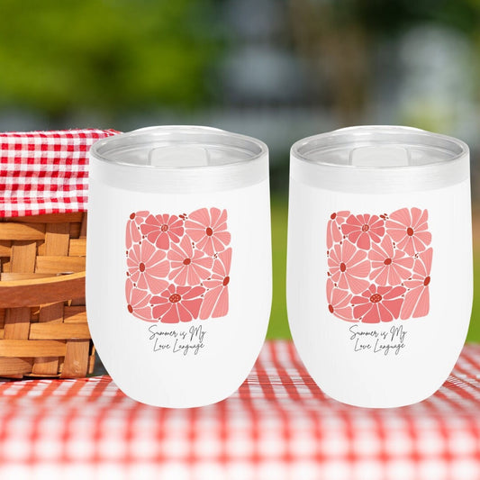 Summer is My Love Language Floral Pink Insulated Wine Tumbler with Colorful Flower Design Stylish Hot/Cold Cup For Coffee Beverage on the Go