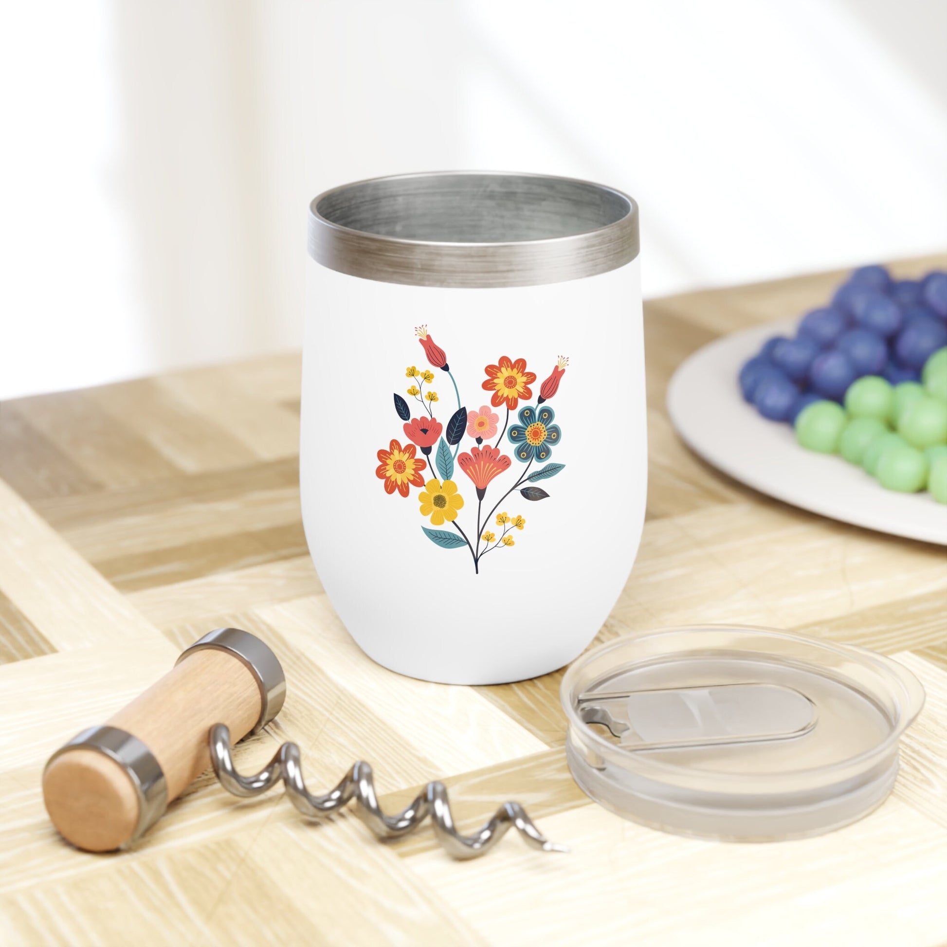 Insulated Floral Wine Tumbler with Colorful Flower Design - Stylish Hot/Cold Cup - Perfect for Wine, Coffee, and Beverages on the Go