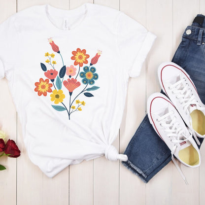 Colorful Floral Design T-Shirt for Women - Vibrant Flower Art Graphic Tee - Unisex Casual Wear - Sizes S to 5XL