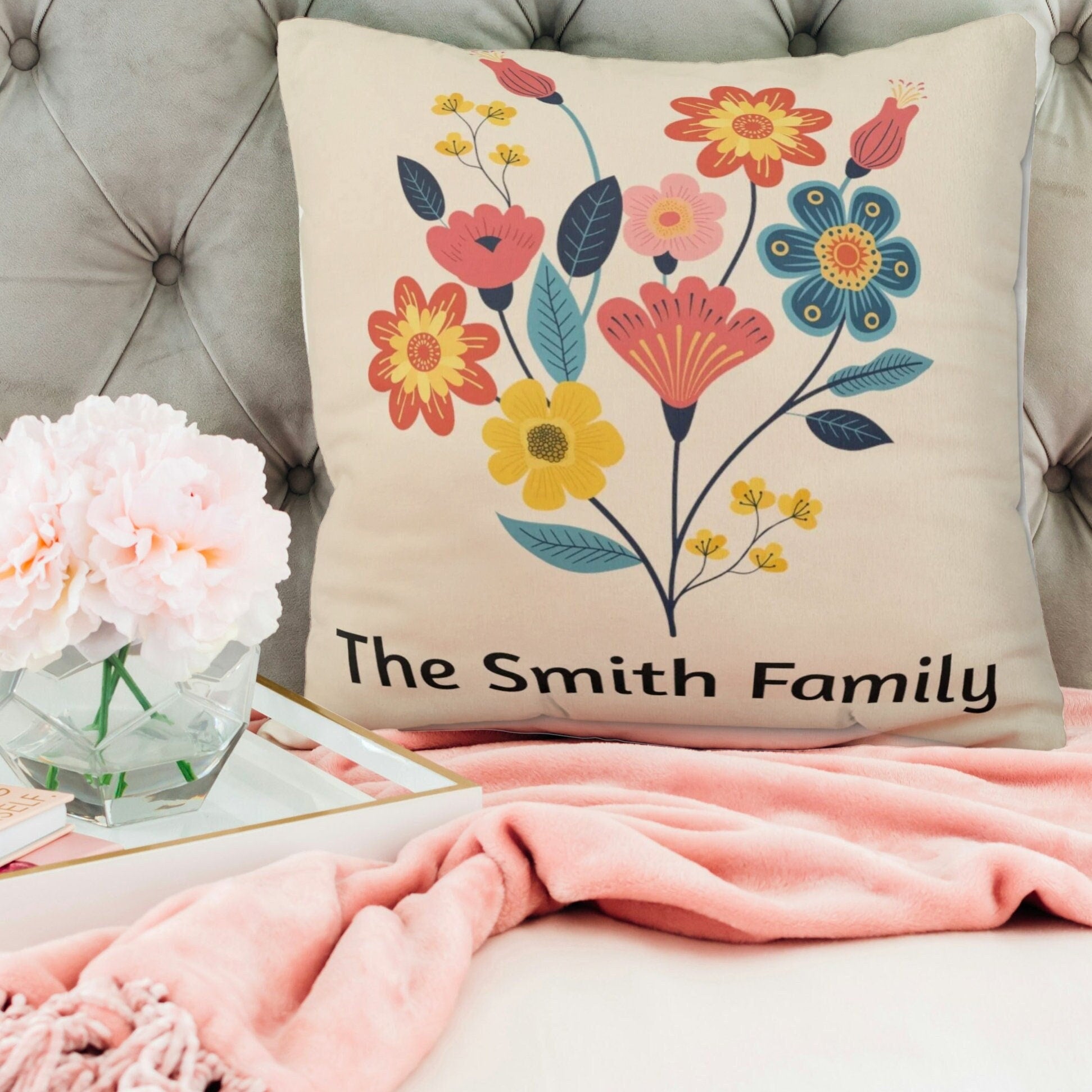 Decorative Floral Custom Name Pillow with Colorful Flower Print Soft Stylish Personalized Cushion for Couch, Bed, or Chair Home Decor Accent