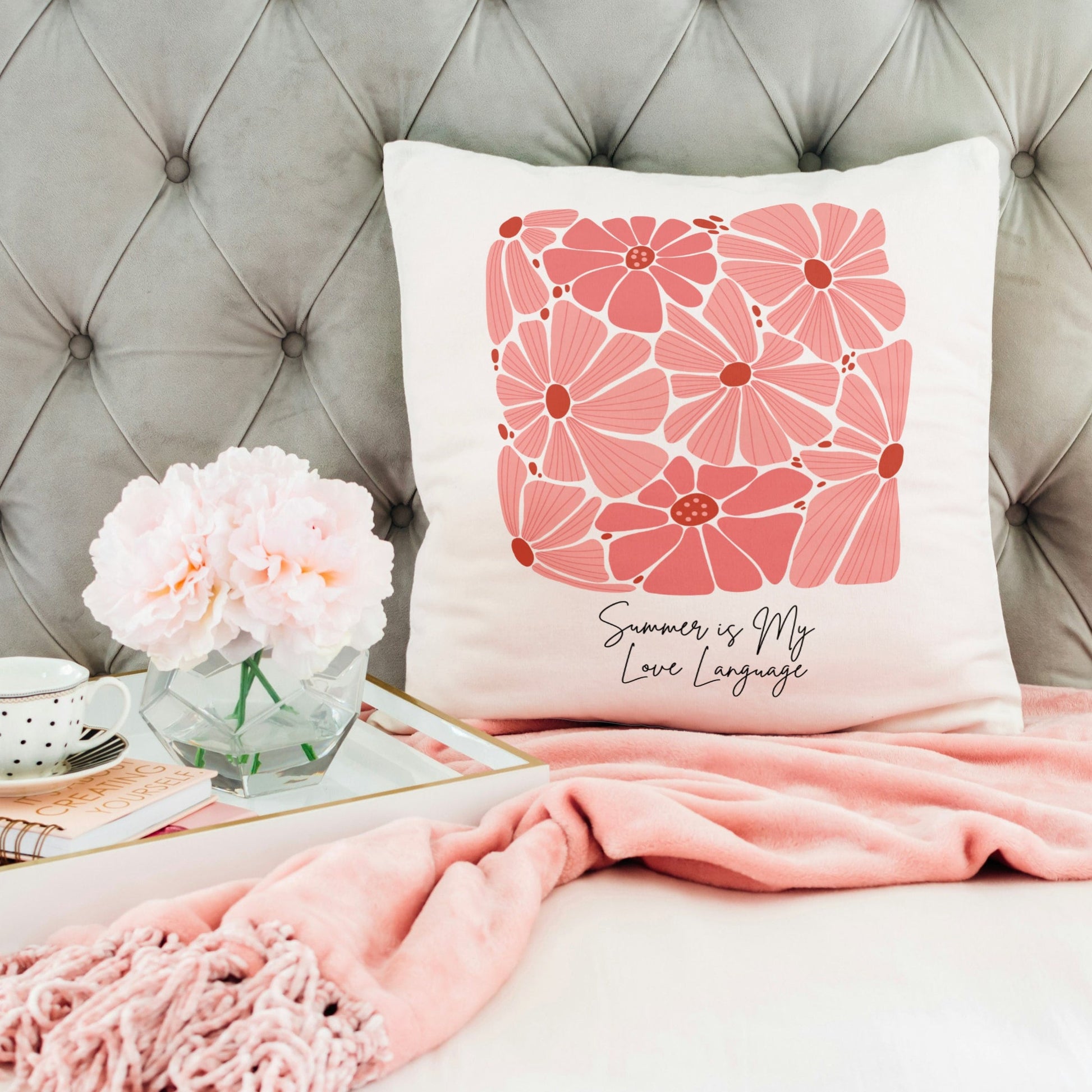 Summer is My Love Language Floral Pink Pillow with Colorful Flower Print Soft Stylish Cushion for Couch, Bed, or Chair Home Decor Accent