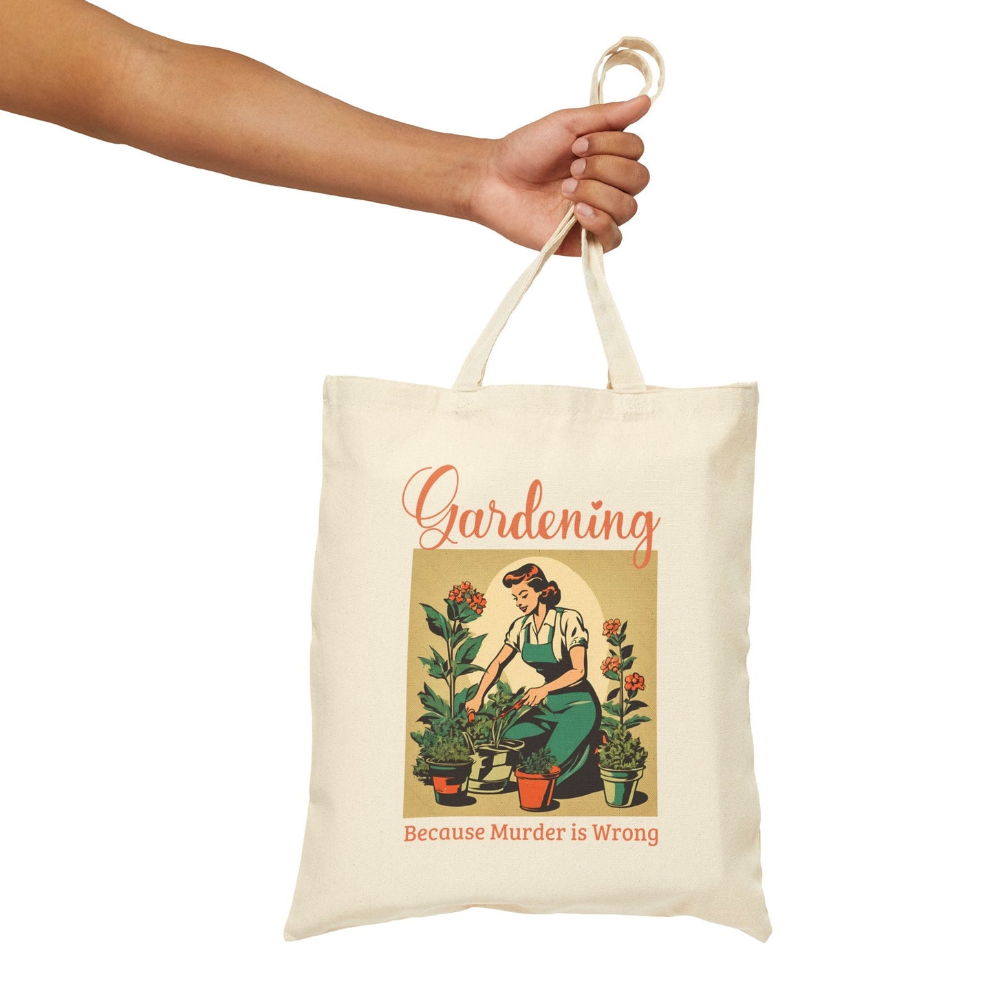 Gardening Because Murder is Wrong Unhinged Tote Bag Funny Retro MidCentury Design Grocery Bag Cotton Canvas Large Black Beige Dark Humor