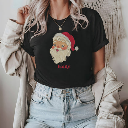 Santa Retro Personalized Tee, Christmas Shirt, Holiday T-Shirt, Custom Name Top, Vintage Santa Apparel