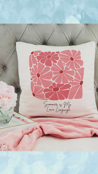 Summer is My Love Language Floral Pink Pillow with Colorful Flower Print Soft Stylish Cushion for Couch, Bed, or Chair Home Decor Accent