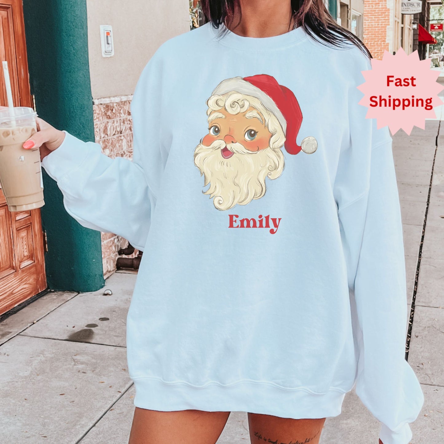 Retro Santa Personalized Sweatshirt, Christmas Winter Pullover, Custom Name