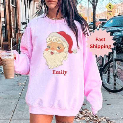 Retro Santa Personalized Sweatshirt, Christmas Winter Pullover, Custom Name