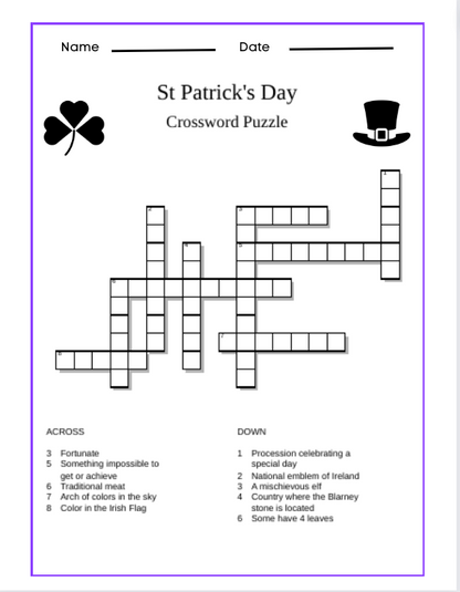 St Patrick's Day Games for Kids | Word Search | Crossword | Color Page | Word Scramble | Bonus Green Socks included