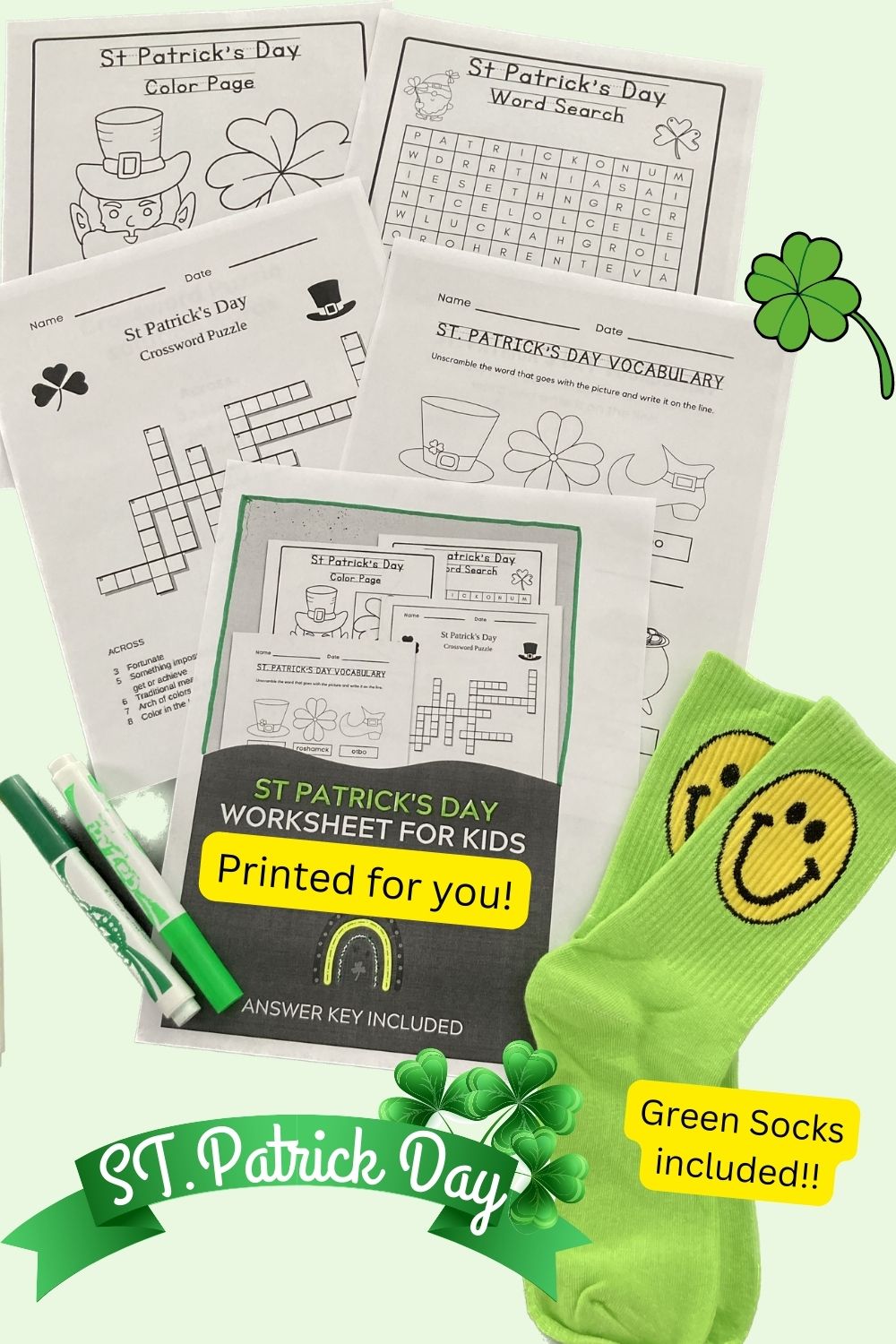 St Patrick's Day Games for Kids | Word Search | Crossword | Color Page | Word Scramble | Bonus Green Socks included